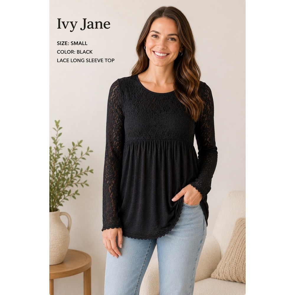 Ivy Jane Black Lace Babydoll Top Long Sleeve Boho Cottagecore Blouse Small